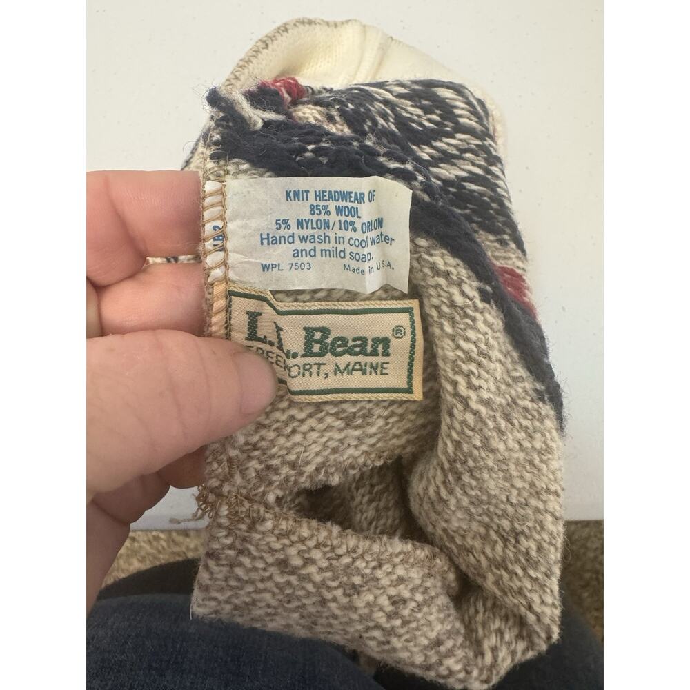 Vintage LL Bean Fair Isle Knit Beanie Wool USA Navy Red Oatmeal Apres Ski Winter - Picture 3 of 7